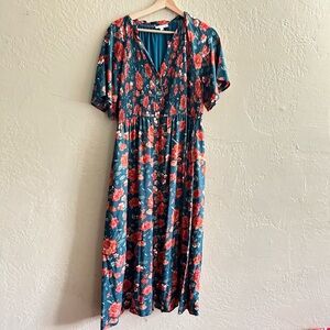 Teal and Red Floral Midi Dress